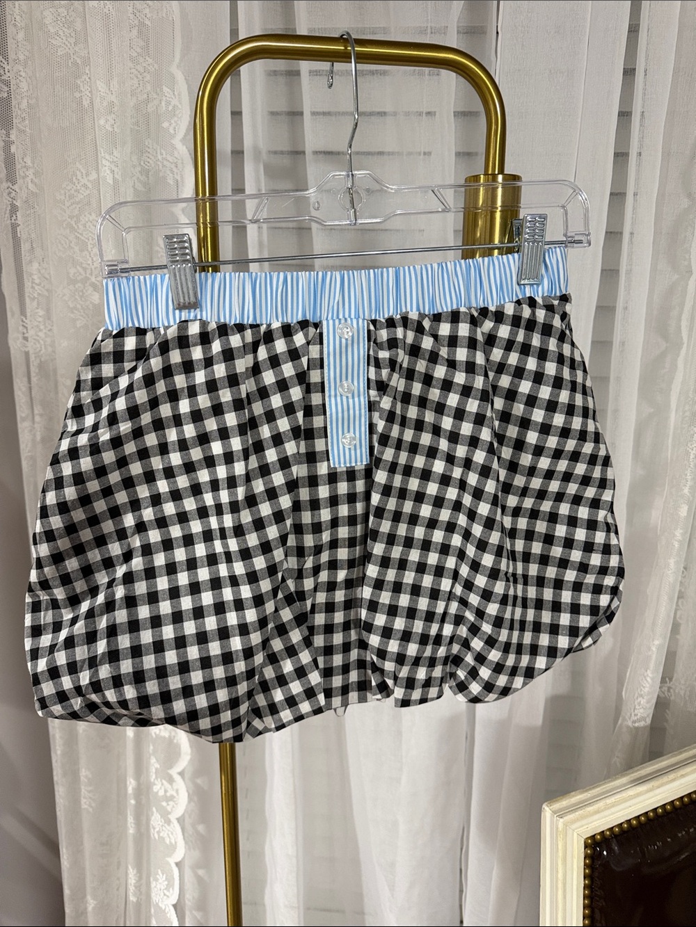 Black & White Gingham Bubble Skort with Light Blue Striped Waistband